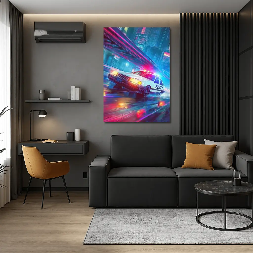 Police Car Speeding Through Neon Cyberpunk City – Wall Art