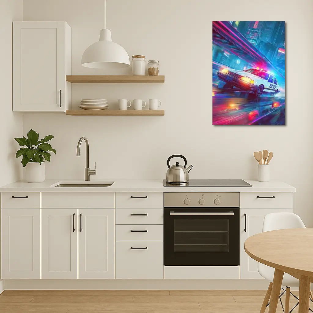 Police Car Speeding Through Neon Cyberpunk City – Wall Art
