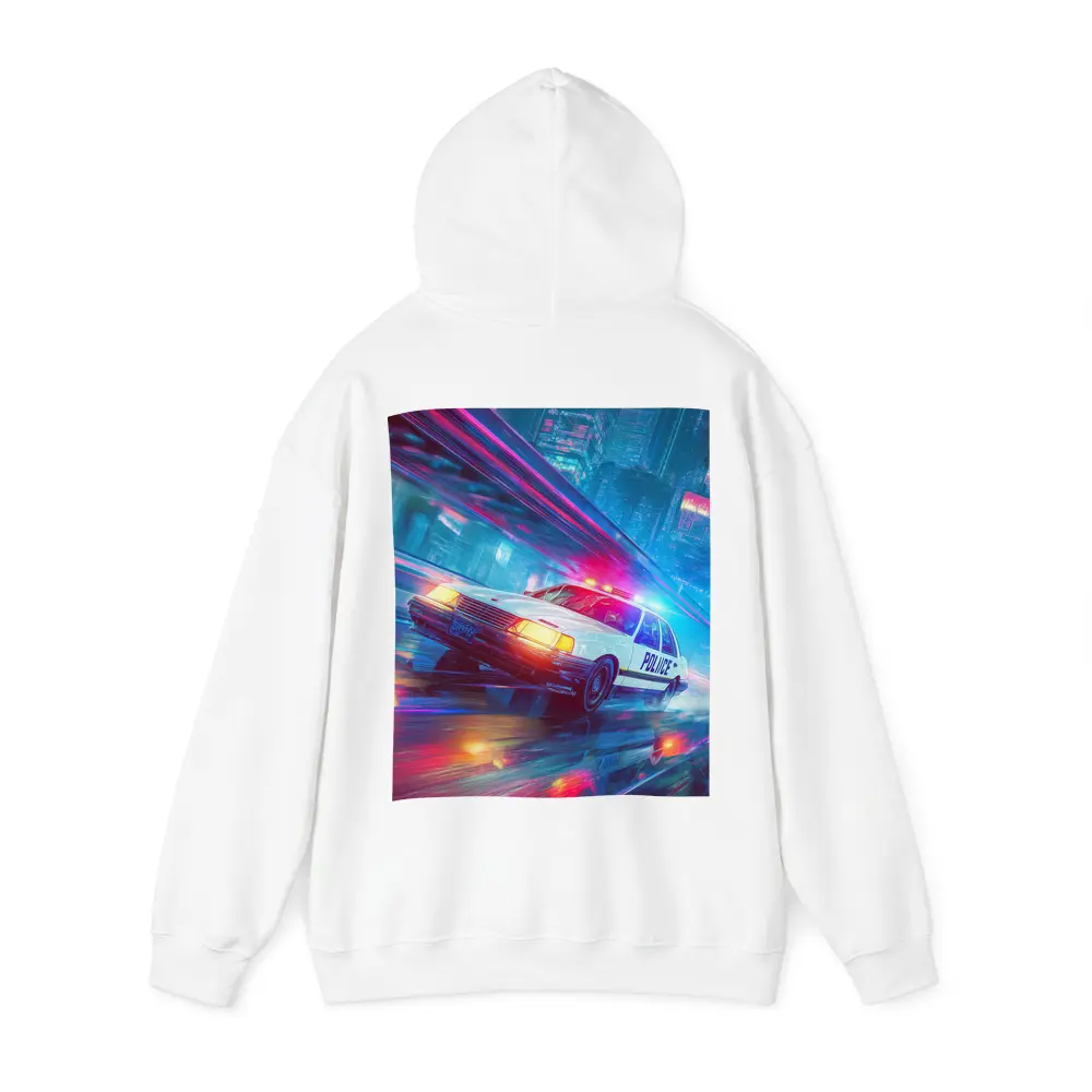 Police Car Speeding Through Neon Cyberpunk City – Hoodies