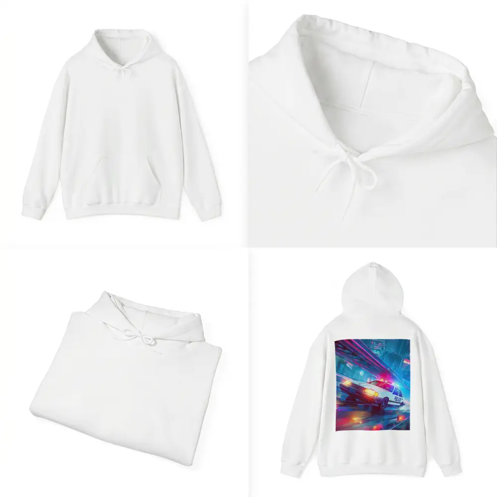 Police Car Speeding Through Neon Cyberpunk City – Hoodies