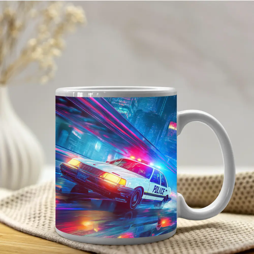 Police Car Speeding Through Neon Cyberpunk City – Mugs