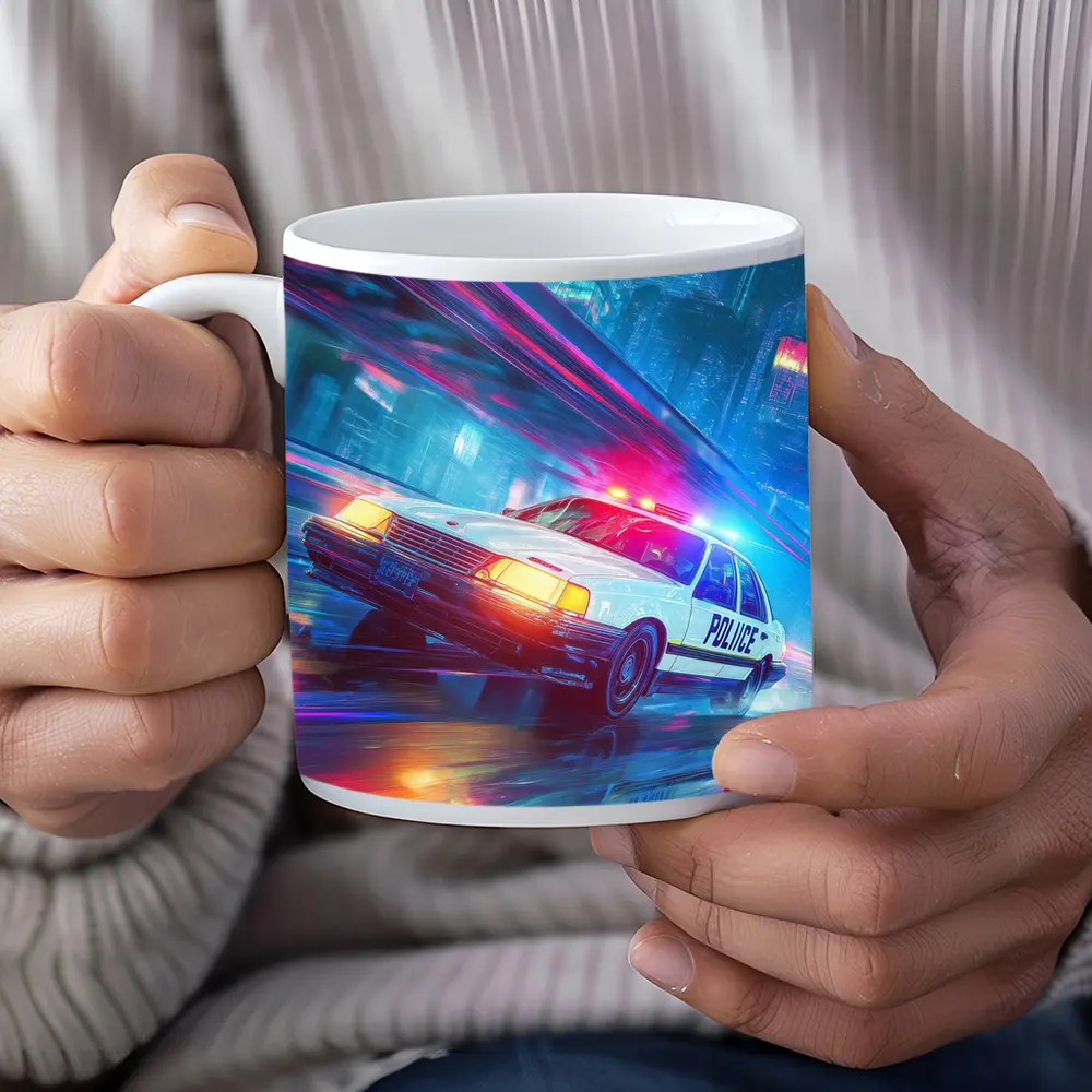 Police Car Speeding Through Neon Cyberpunk City – Mugs