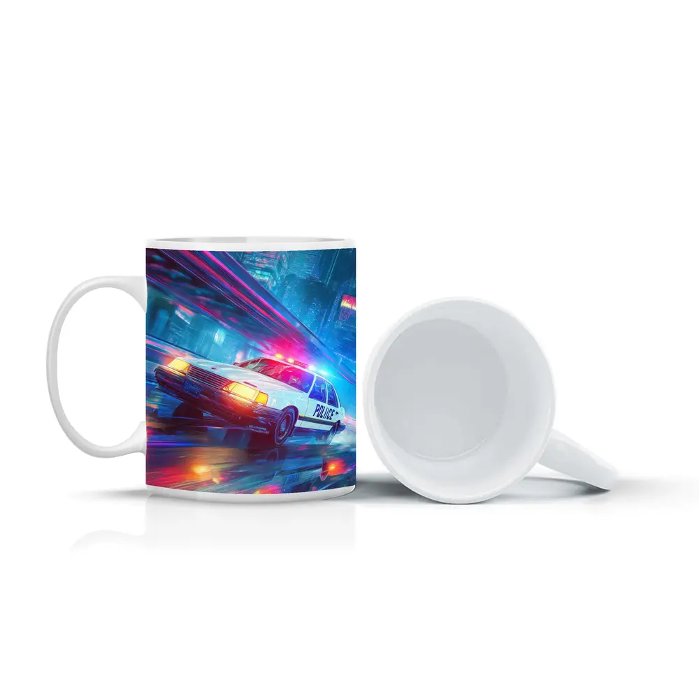 Police Car Speeding Through Neon Cyberpunk City – Mugs