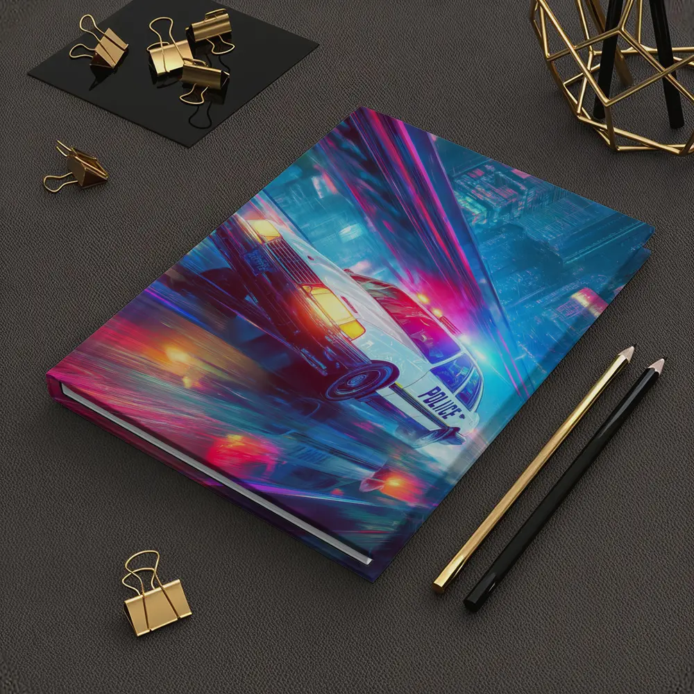 Police Car Speeding Through Neon Cyberpunk City – Notebooks