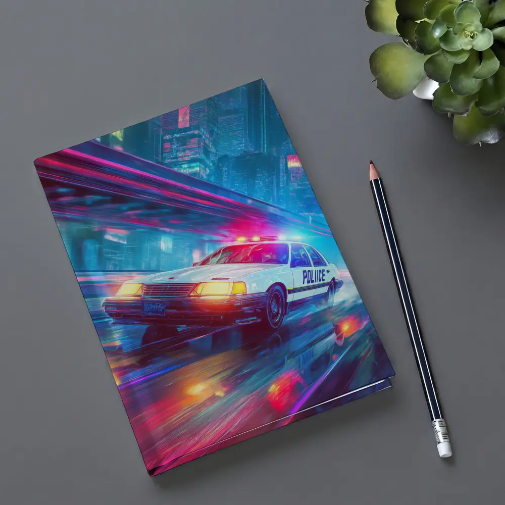 Police Car Speeding Through Neon Cyberpunk City – Notebooks