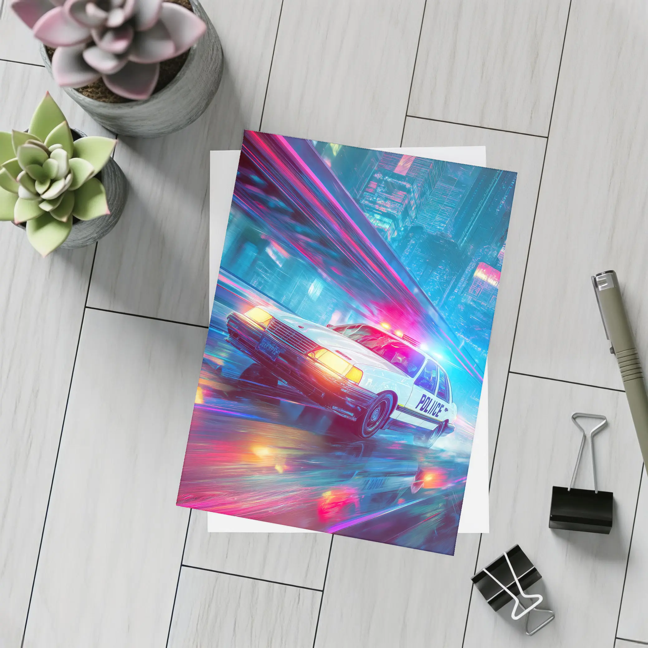 Police Car Speeding Through Neon Cyberpunk City – Postcards