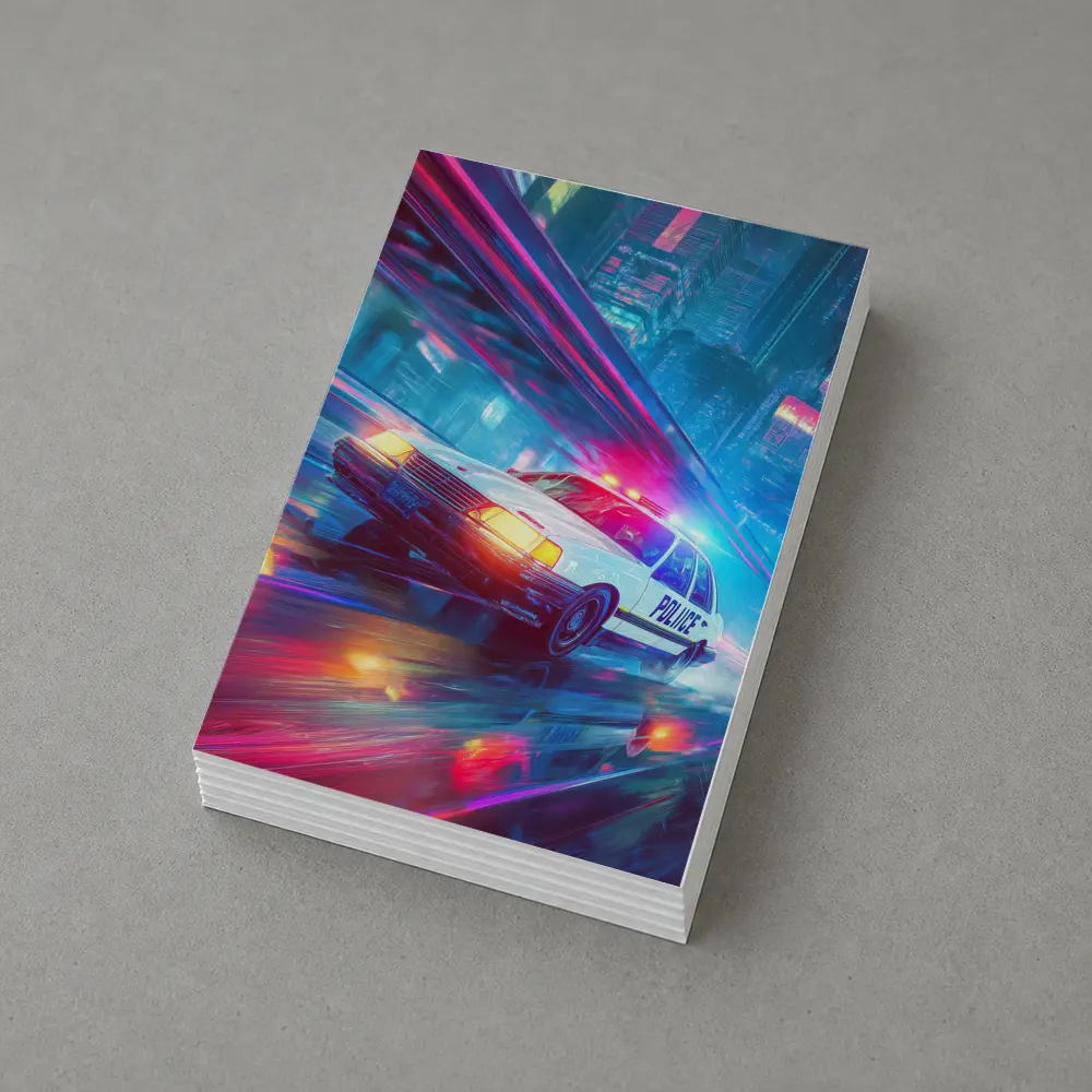 Police Car Speeding Through Neon Cyberpunk City – Postcards