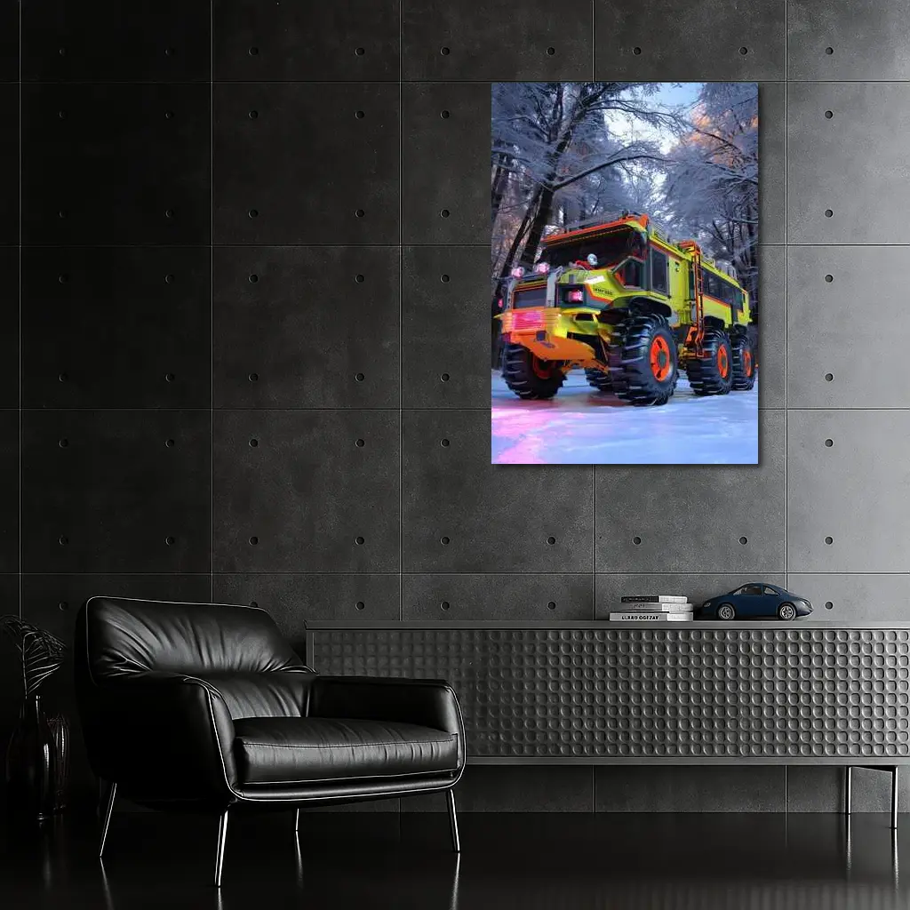 Monster Truck Neon Yellow Winter Forest Scene – Wall Art