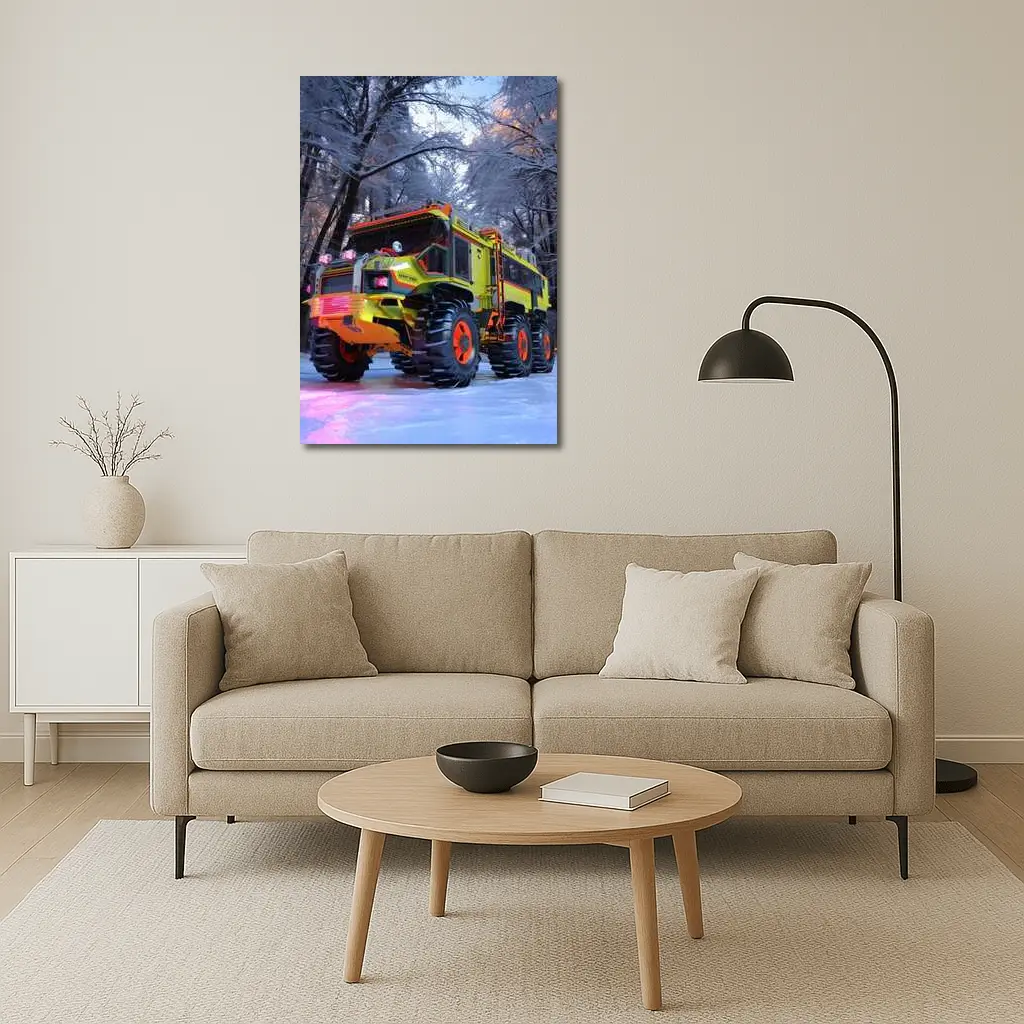 Monster Truck Neon Yellow Winter Forest Scene – Wall Art