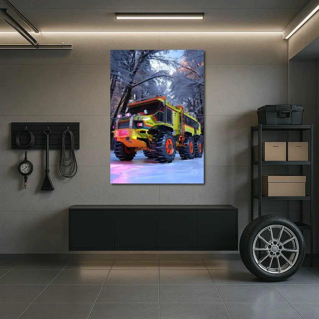 Monster Truck Neon Yellow Winter Forest Scene – Wall Art