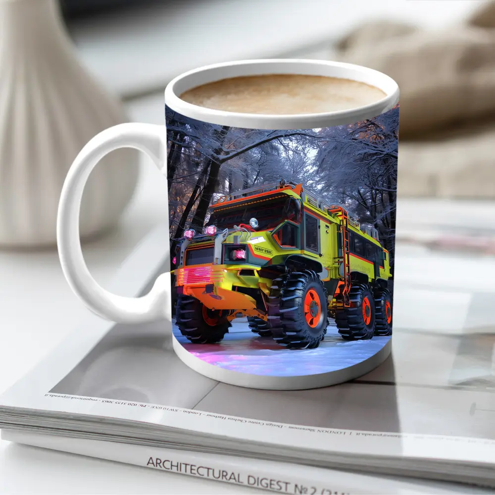 Monster Truck Neon Yellow Winter Forest Scene – Mugs