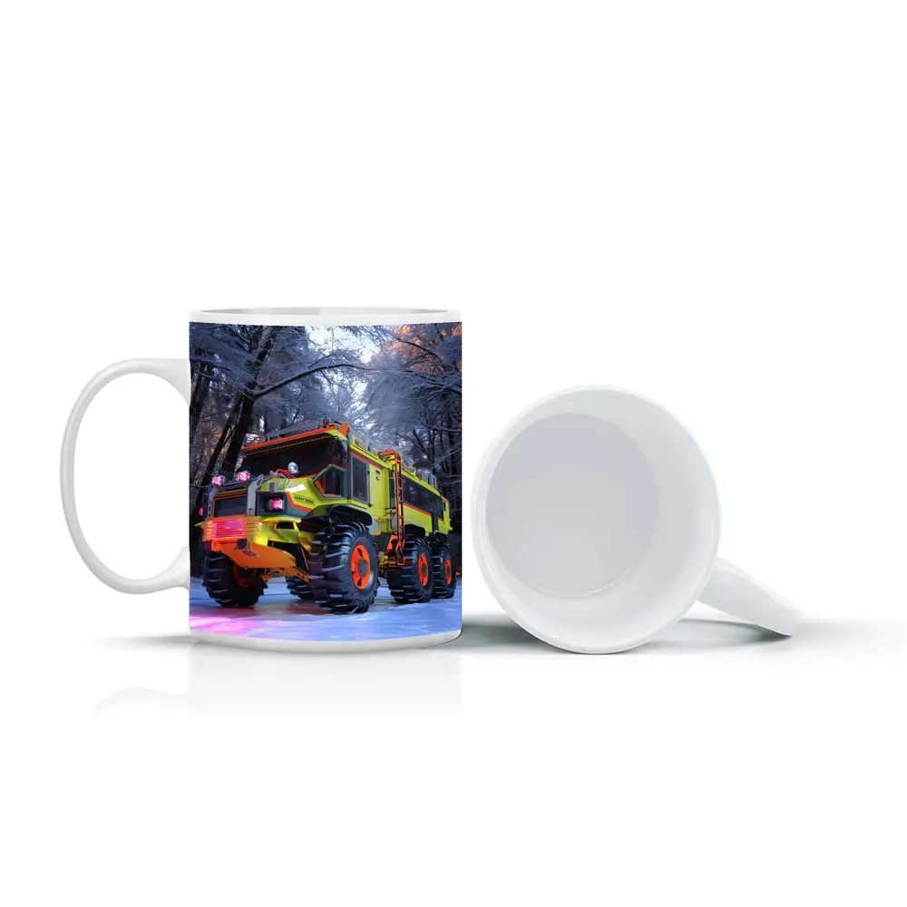 Monster Truck Neon Yellow Winter Forest Scene – Mugs