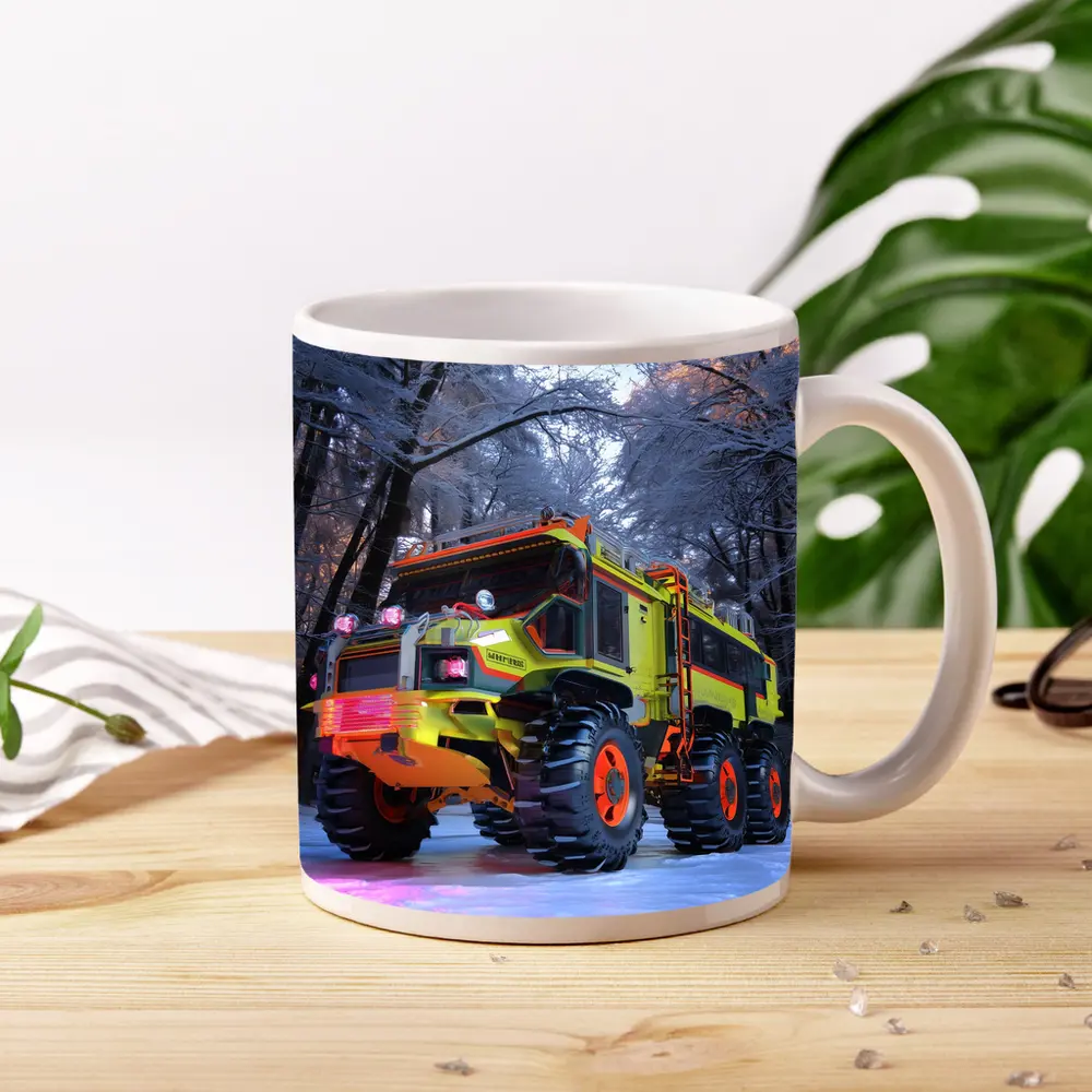 Monster Truck Neon Yellow Winter Forest Scene – Mugs