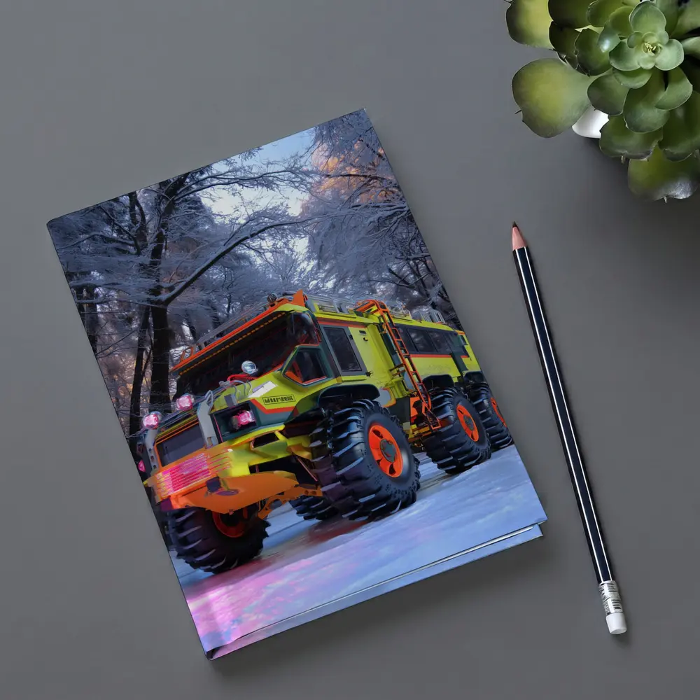 Monster Truck Neon Yellow Winter Forest Scene – Notebooks