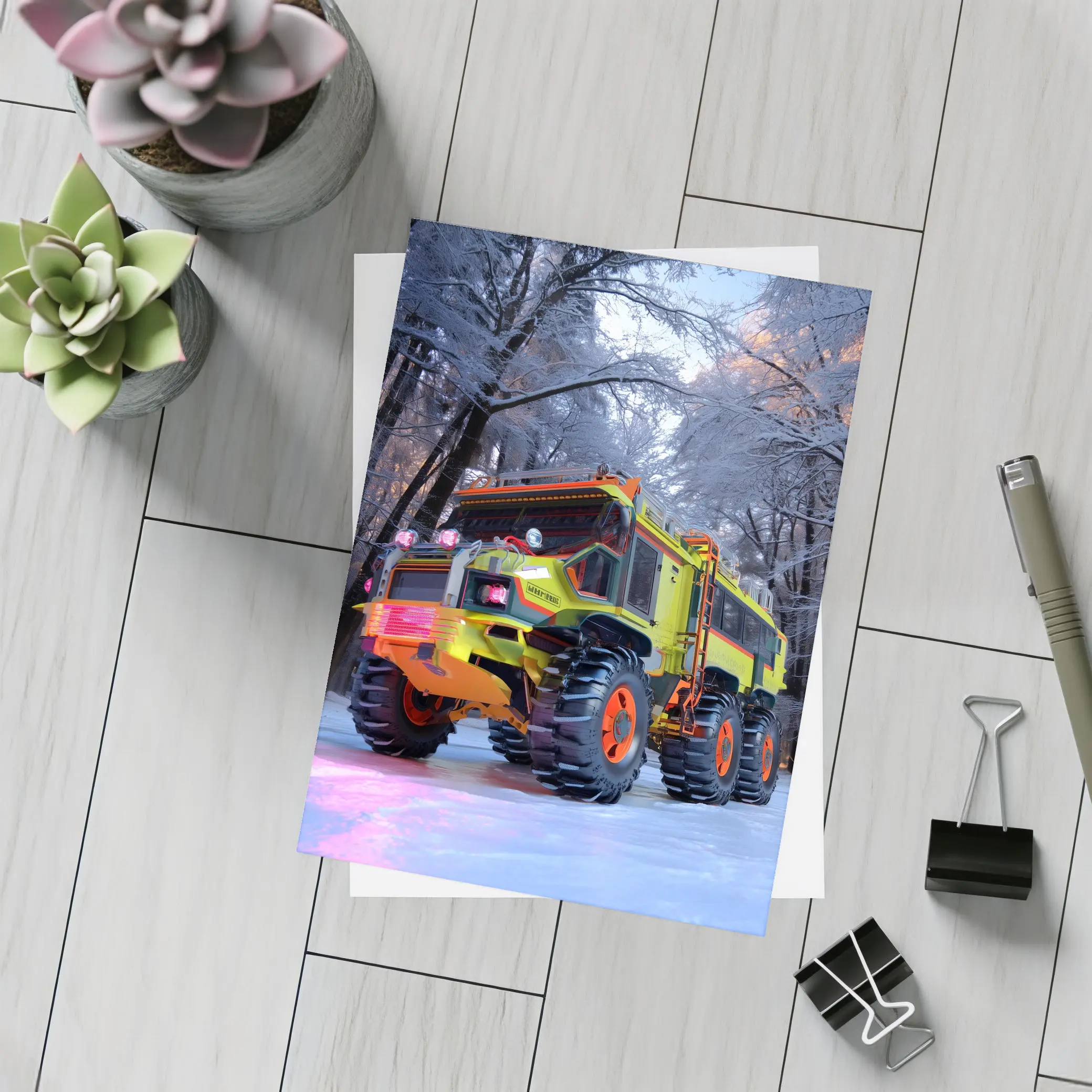 Monster Truck Neon Yellow Winter Forest Scene – Postcards