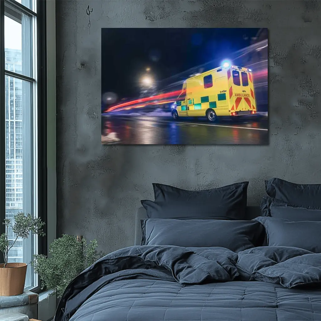 Ambulance Racing Through City Night Streets – Wall Art