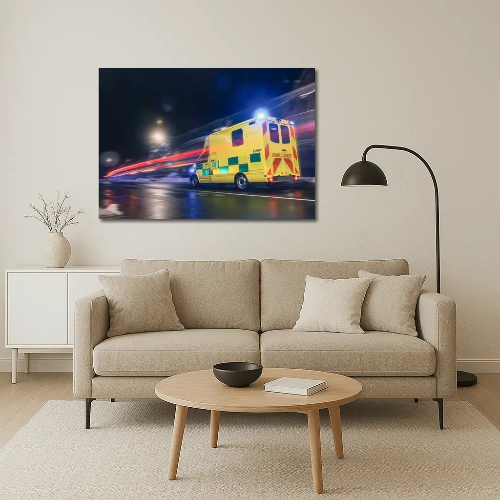 Ambulance Racing Through City Night Streets – Wall Art