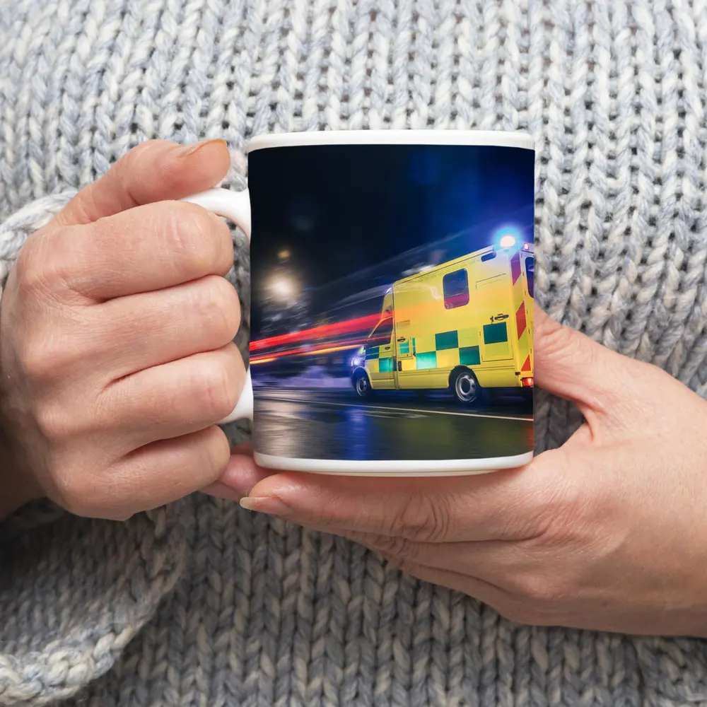 Ambulance Racing Through City Night Streets – Mugs