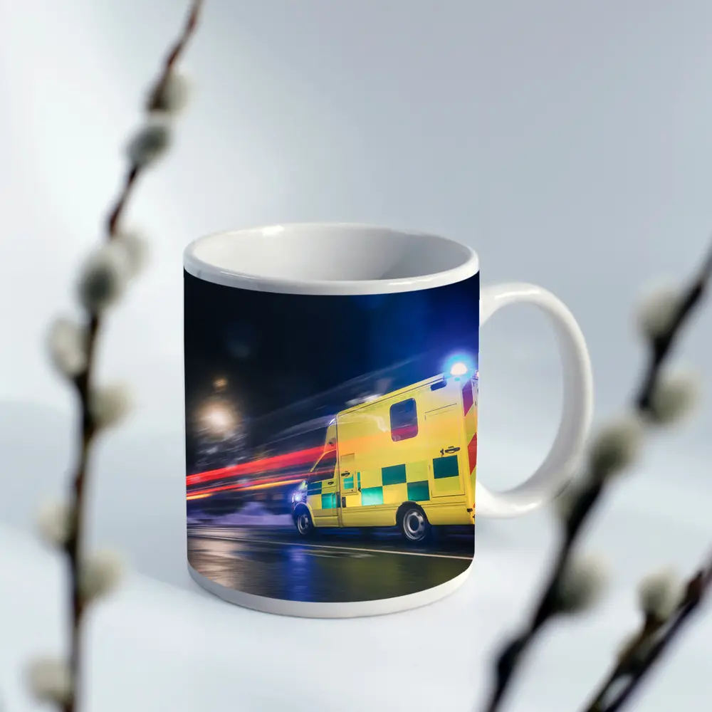 Ambulance Racing Through City Night Streets – Mugs