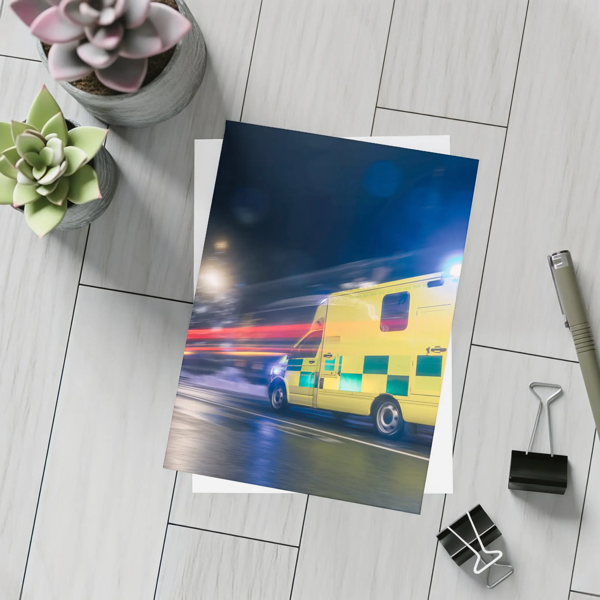 Ambulance Racing Through City Night Streets – Postcards