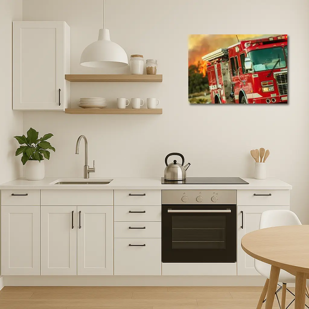 Red Fire Truck Racing Toward Wildfire – Wall Art