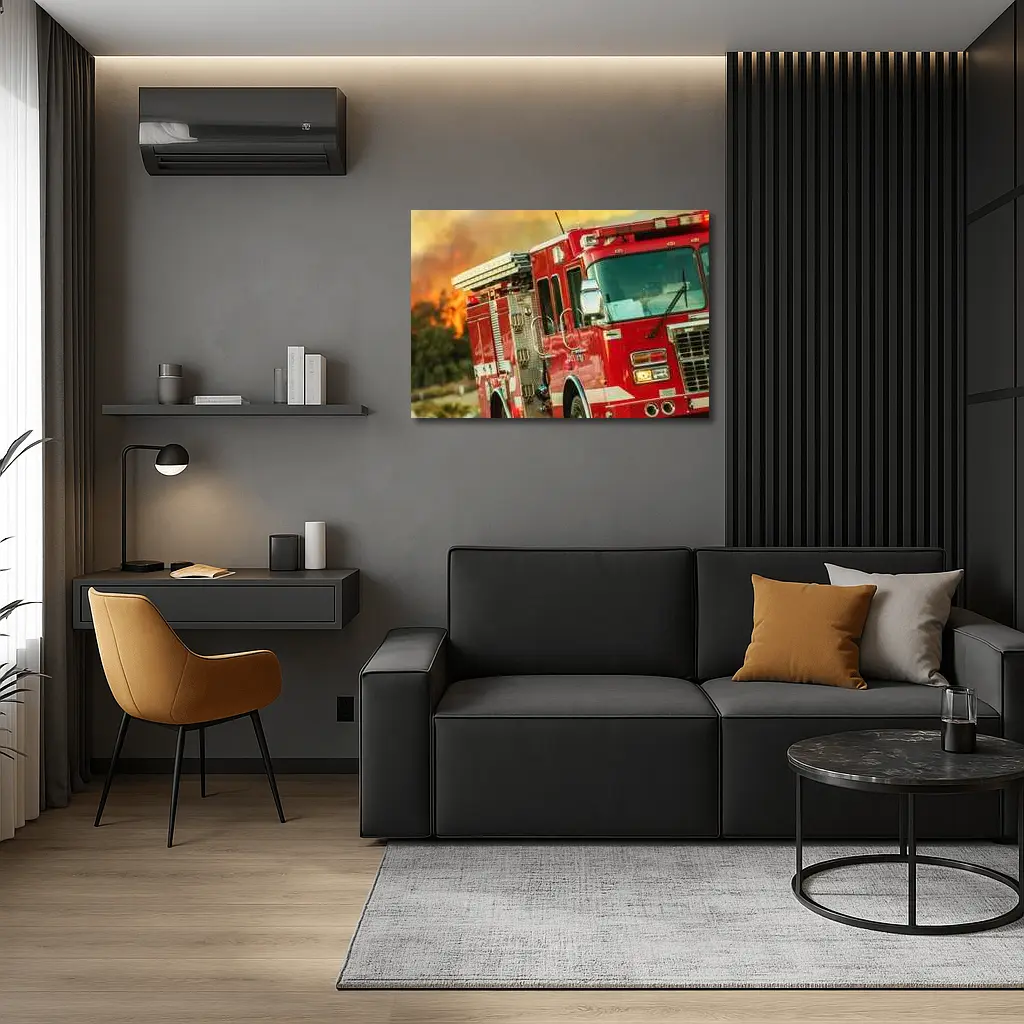 Red Fire Truck Racing Toward Wildfire – Wall Art