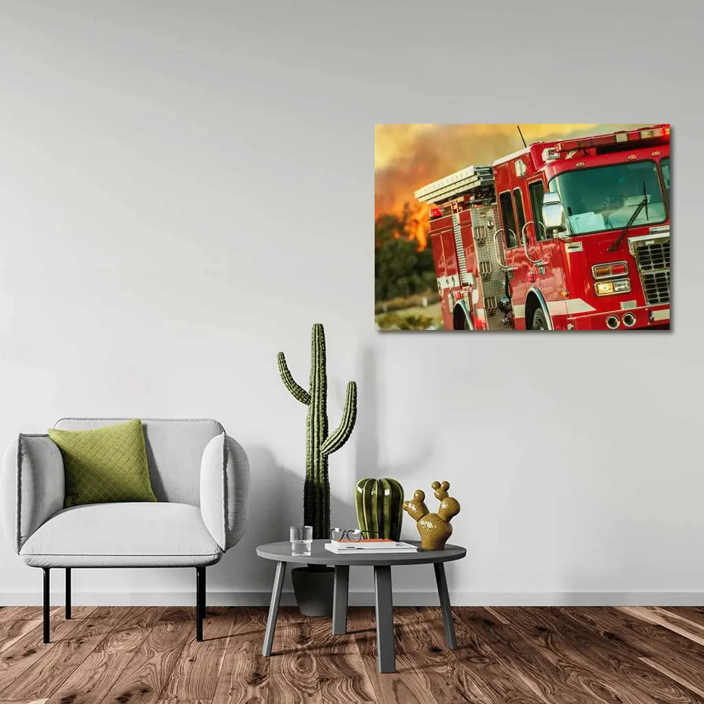 Red Fire Truck Racing Toward Wildfire – Wall Art
