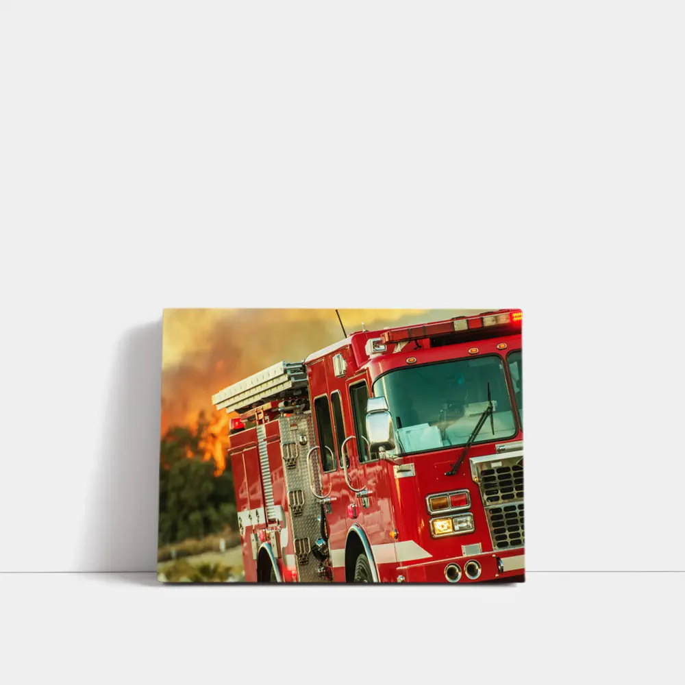 Red Fire Truck Racing Toward Wildfire – Wall Art