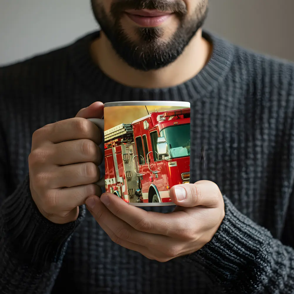 Red Fire Truck Racing Toward Wildfire – Mugs