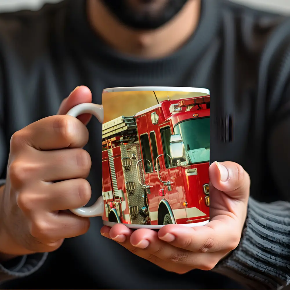 Red Fire Truck Racing Toward Wildfire – Mugs