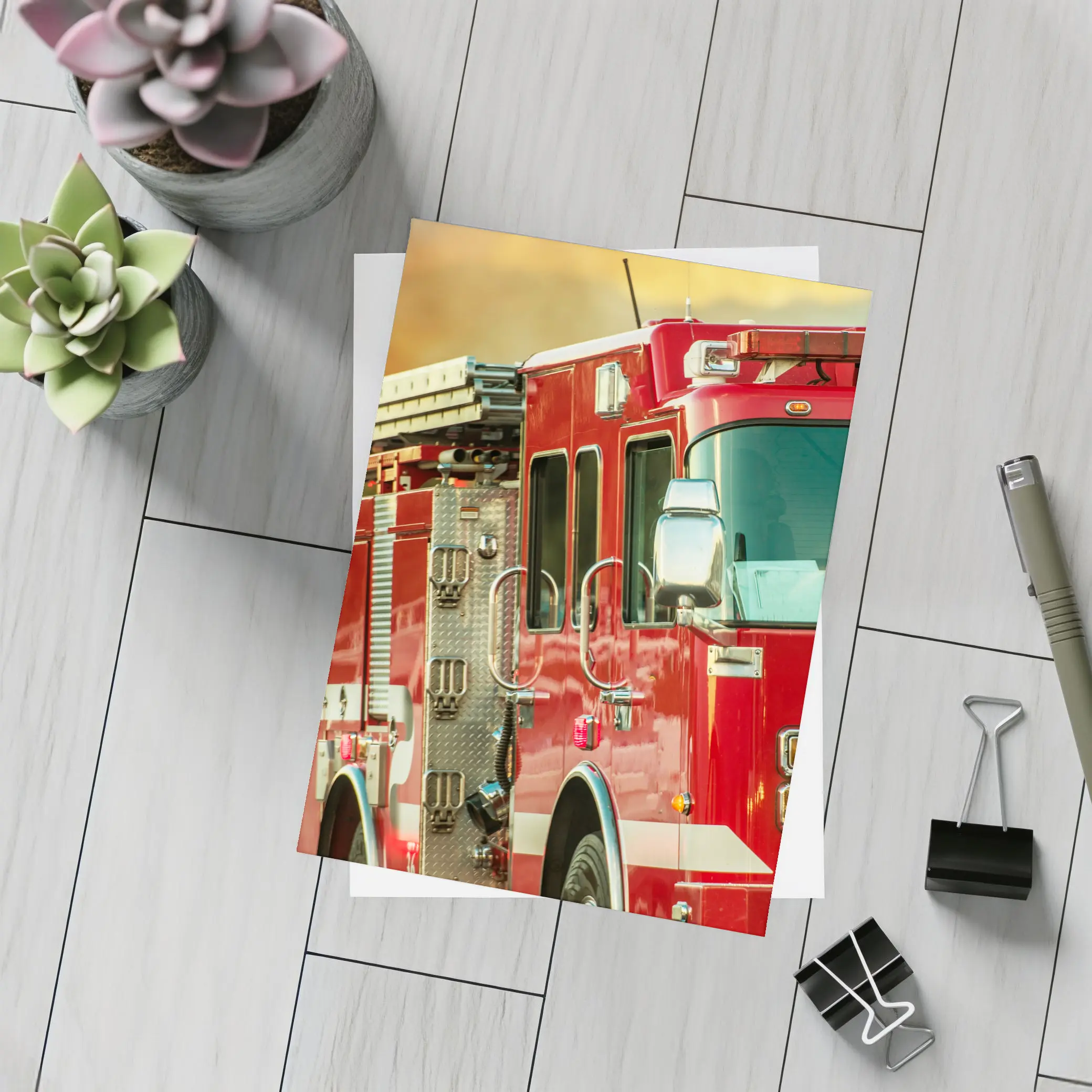 Red Fire Truck Racing Toward Wildfire – Postcards