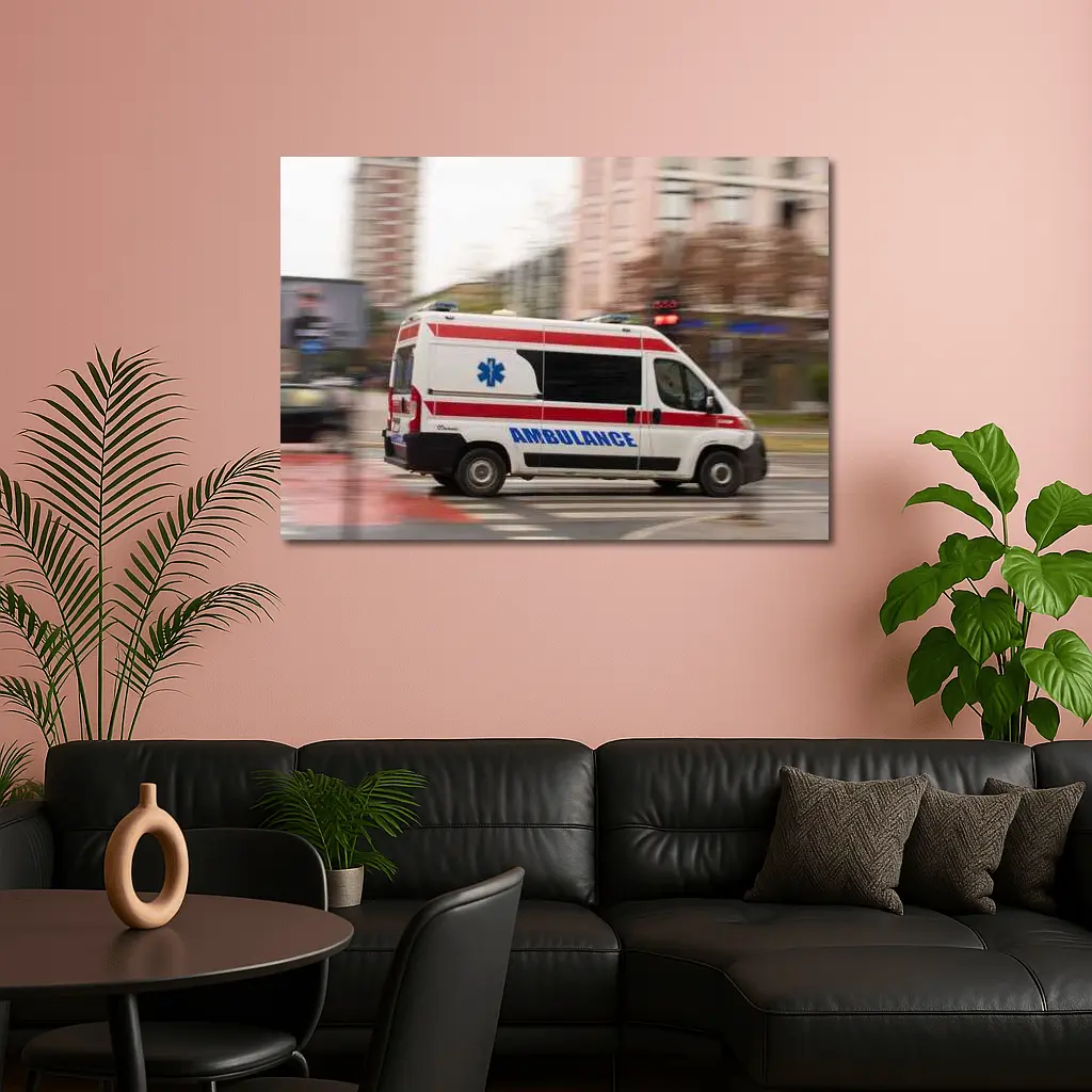 Ambulance Speeding Through City Street – Wall Art