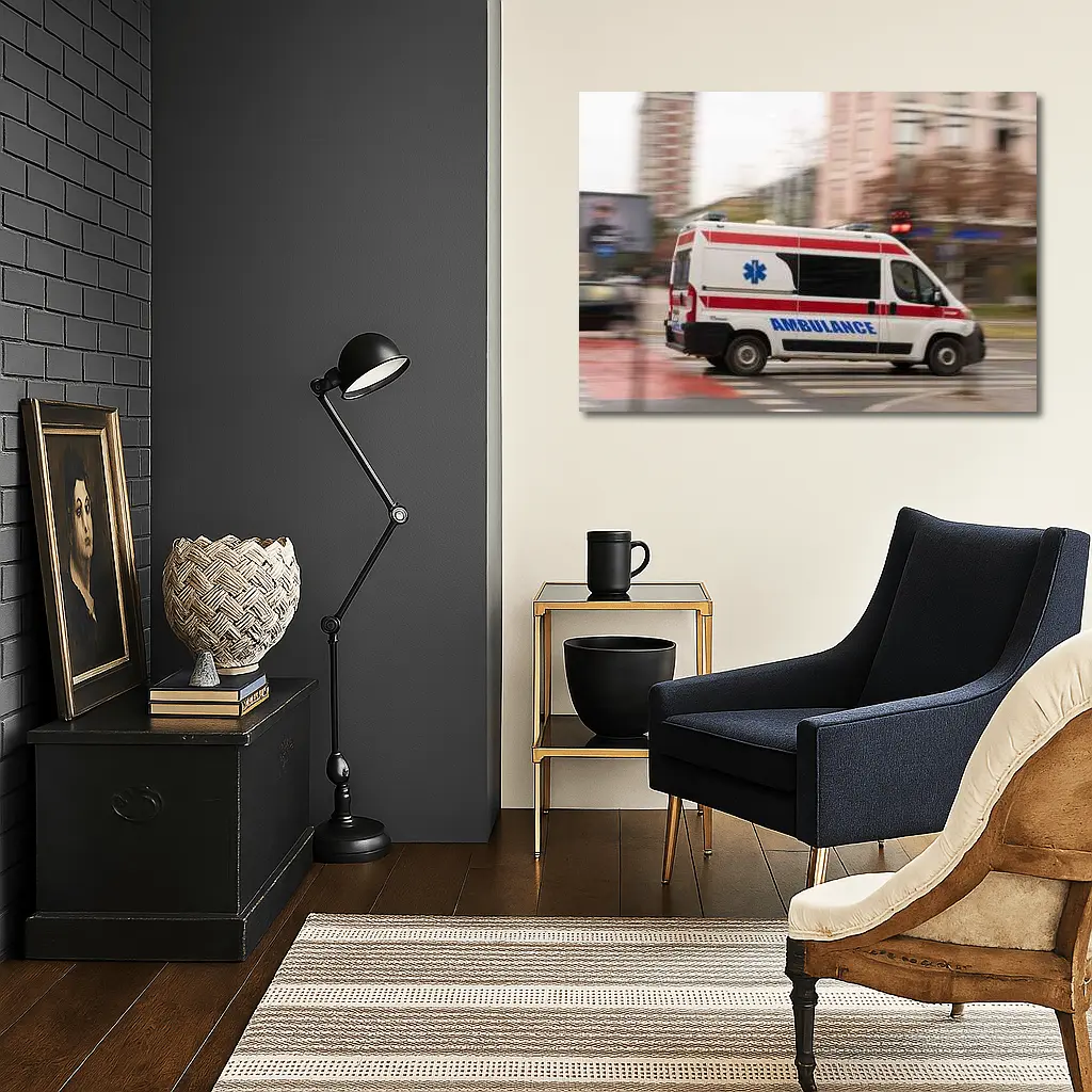 Ambulance Speeding Through City Street – Wall Art