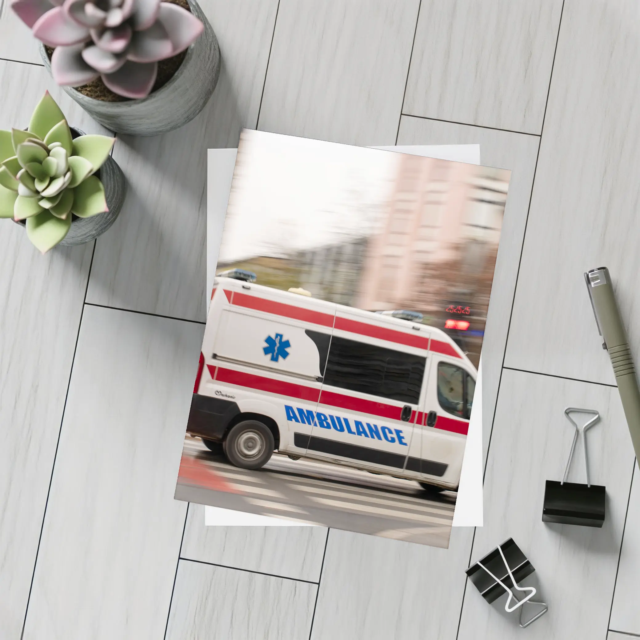 Ambulance Speeding Through City Street – Postcards