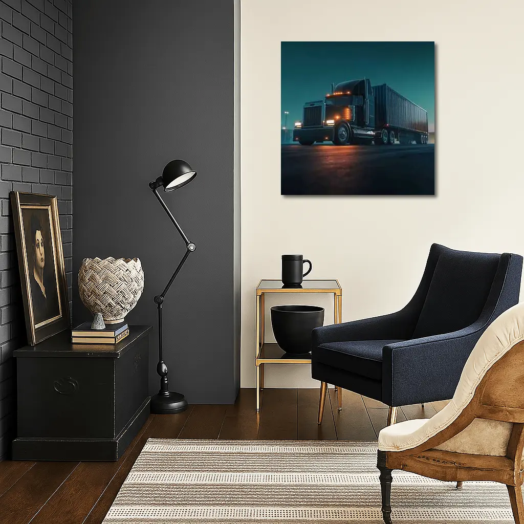 Black Semi Truck Glowing Night Parking Lot – Wall Art