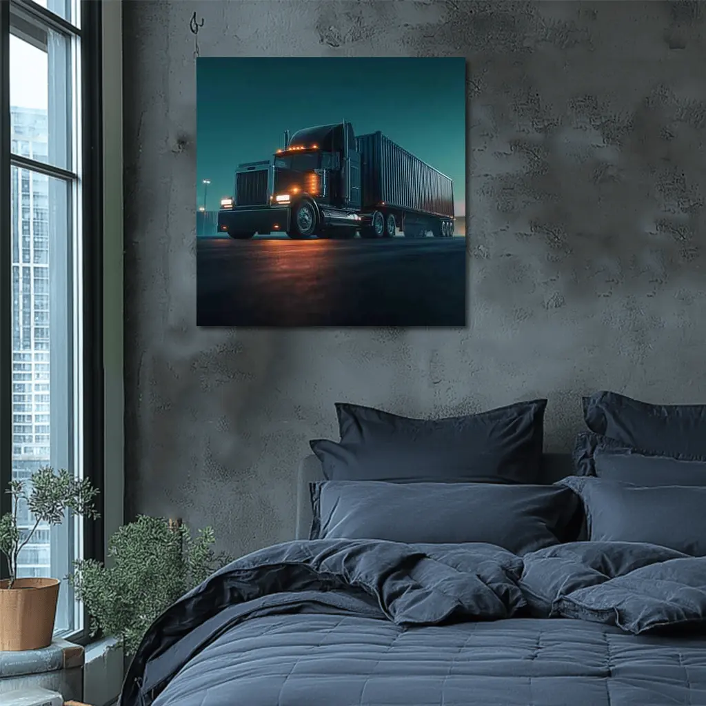 Black Semi Truck Glowing Night Parking Lot – Wall Art