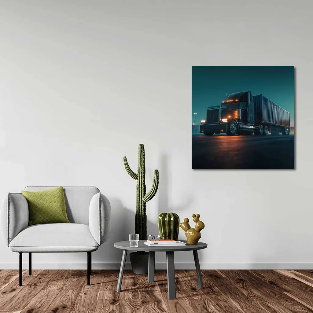 Black Semi Truck Glowing Night Parking Lot – Wall Art