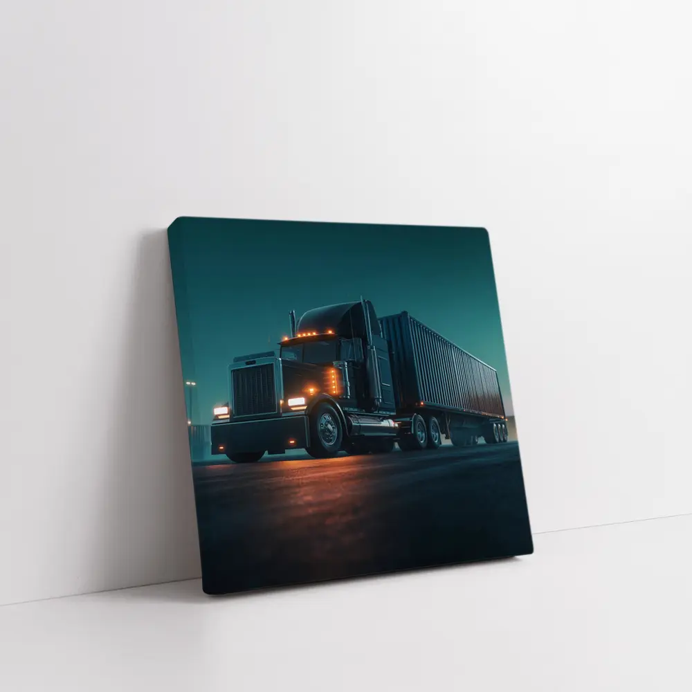 Black Semi Truck Glowing Night Parking Lot – Wall Art