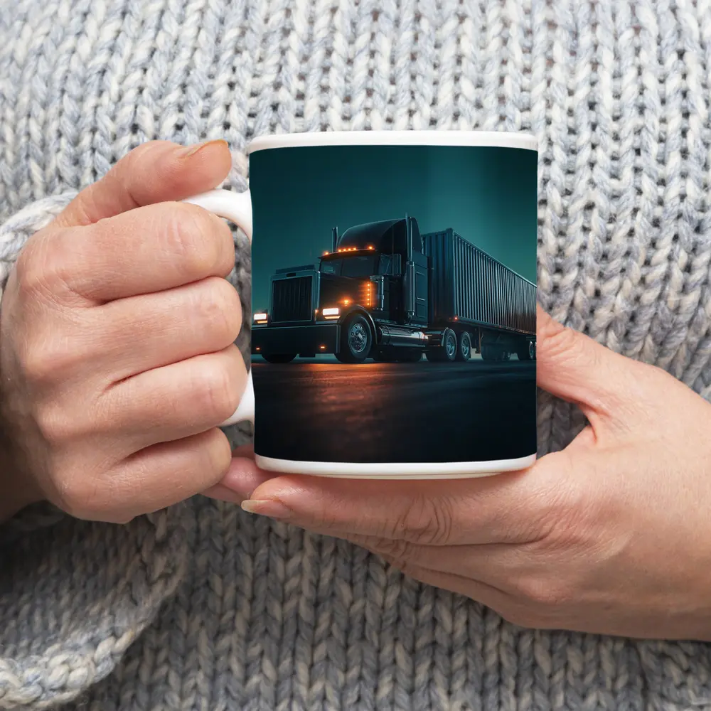 Black Semi Truck Glowing Night Parking Lot – Mugs