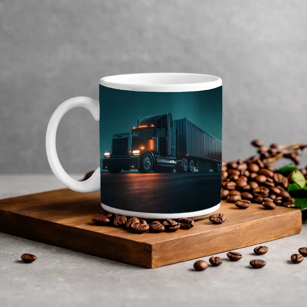 Black Semi Truck Glowing Night Parking Lot – Mugs