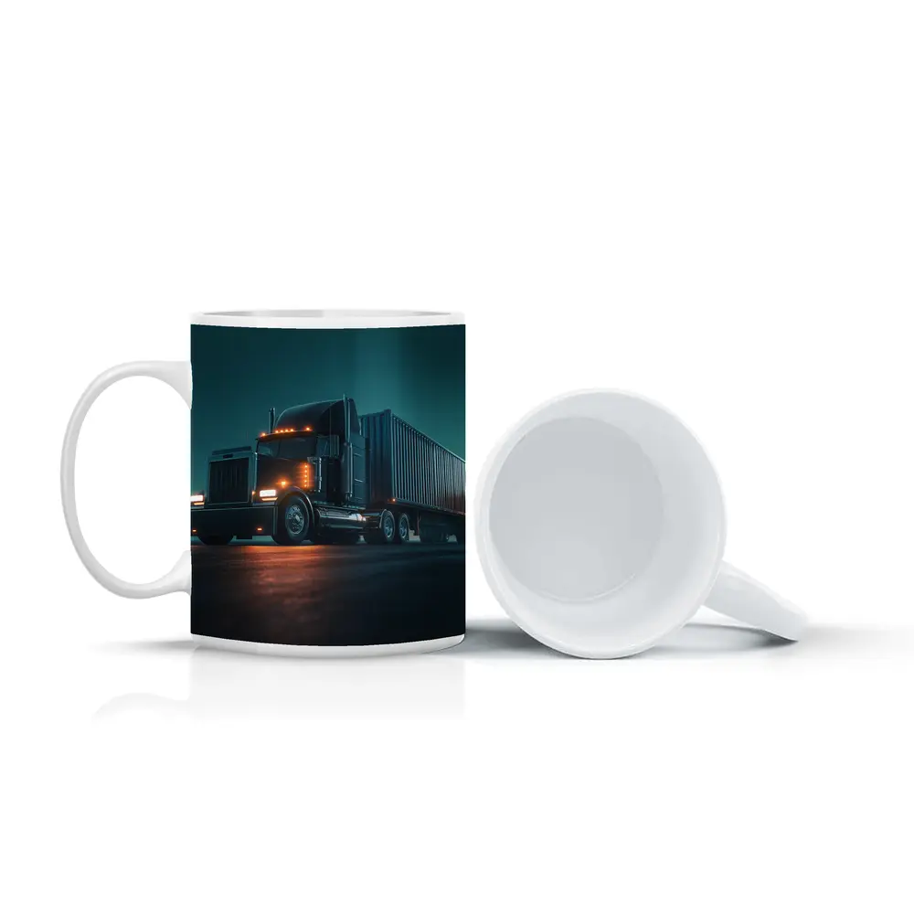 Black Semi Truck Glowing Night Parking Lot – Mugs