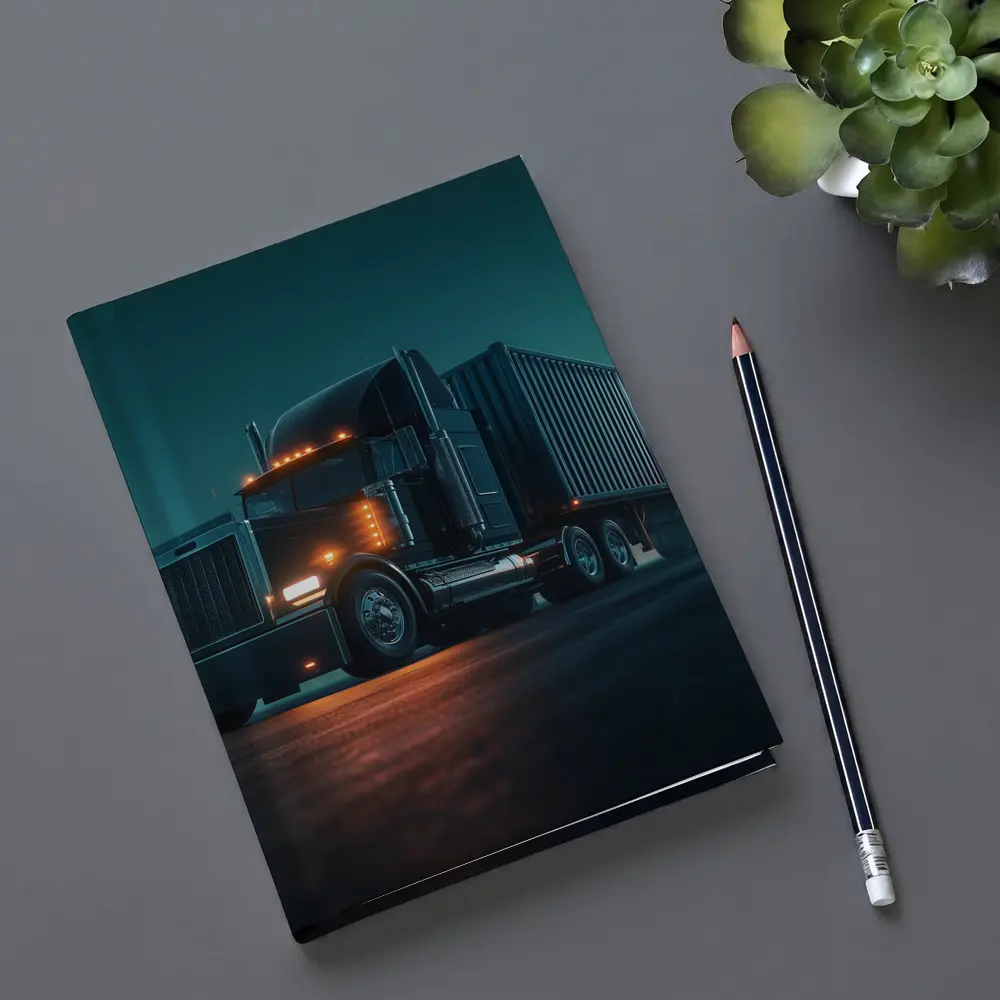 Black Semi Truck Glowing Night Parking Lot – Notebooks