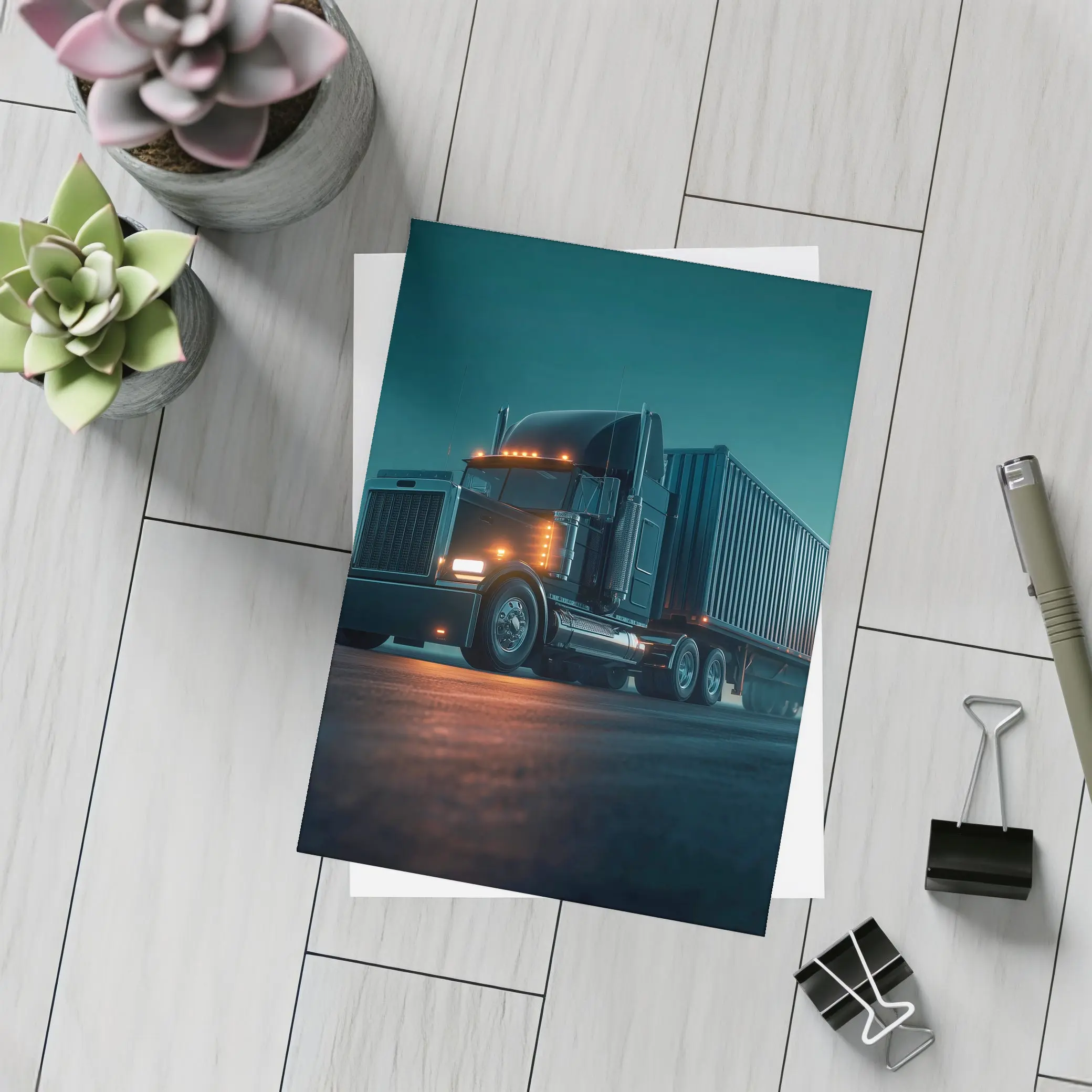 Black Semi Truck Glowing Night Parking Lot – Postcards