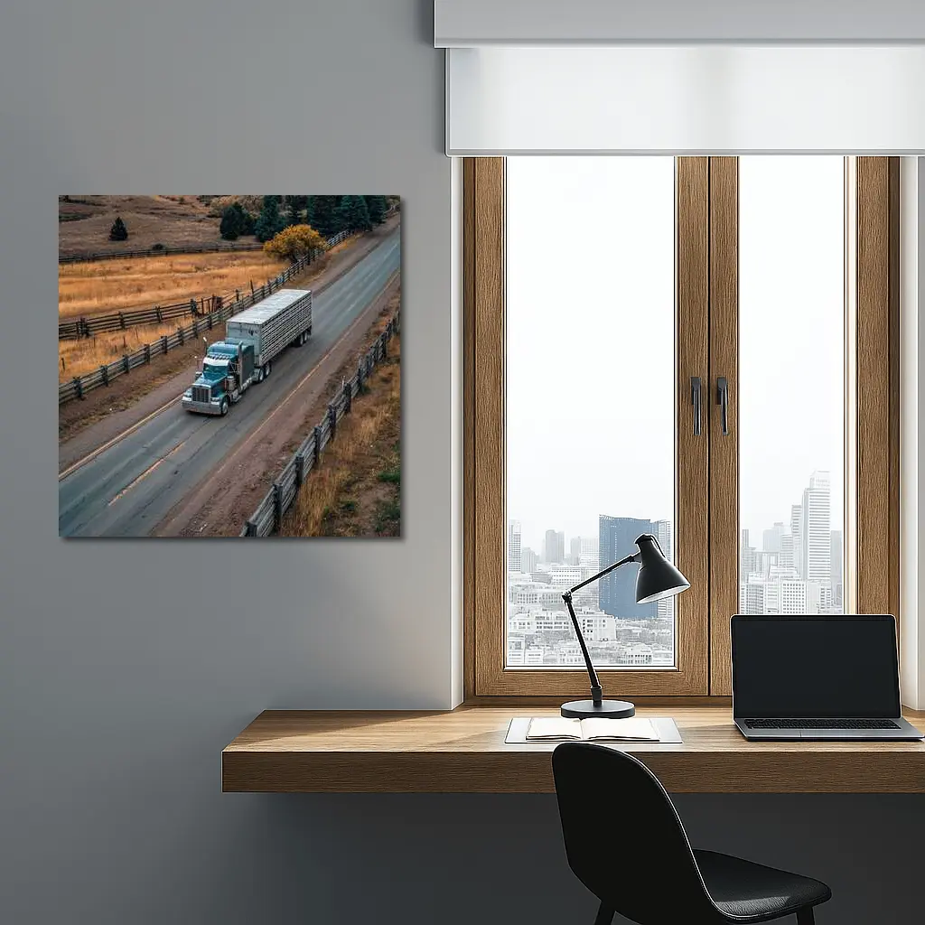 Classic Semi Truck Rolling Through Rural Highway – Wall Art