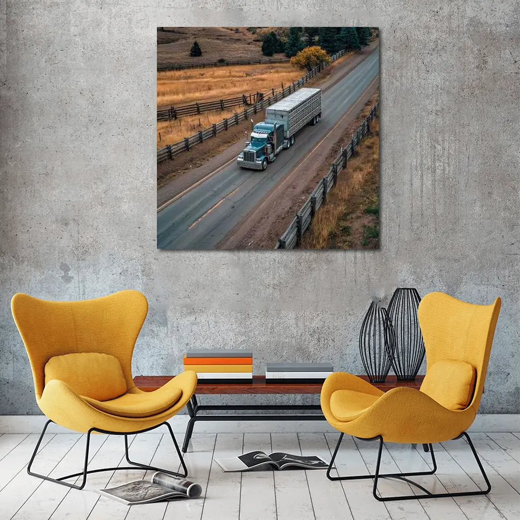 Classic Semi Truck Rolling Through Rural Highway – Wall Art