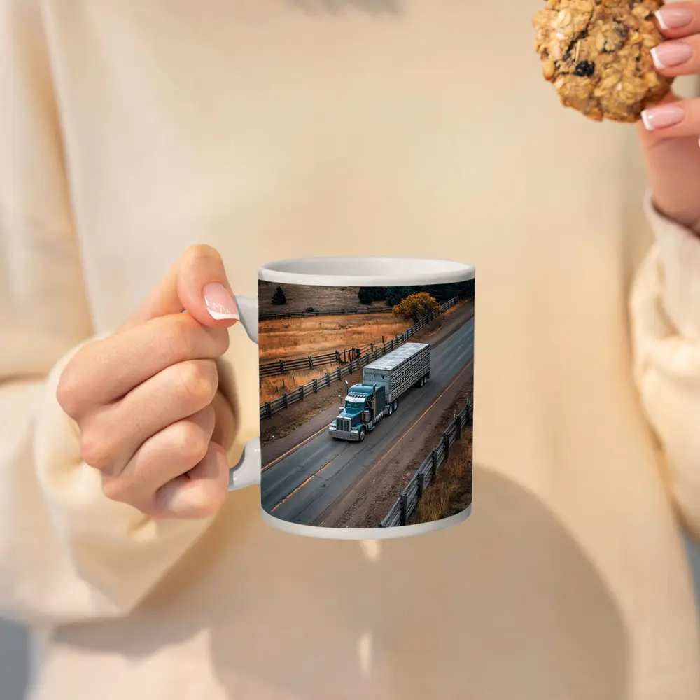 Classic Semi Truck Rolling Through Rural Highway – Mugs