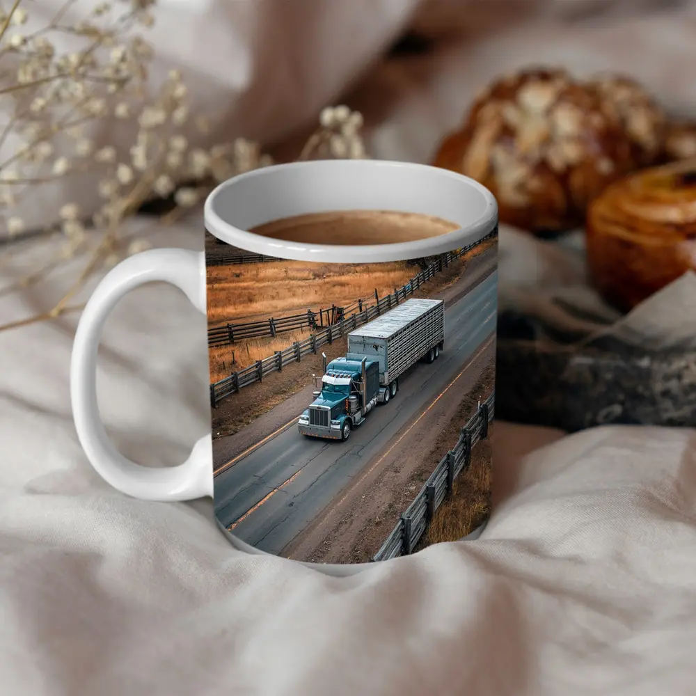 Classic Semi Truck Rolling Through Rural Highway – Mugs