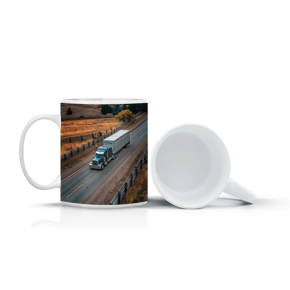 Classic Semi Truck Rolling Through Rural Highway – Mugs