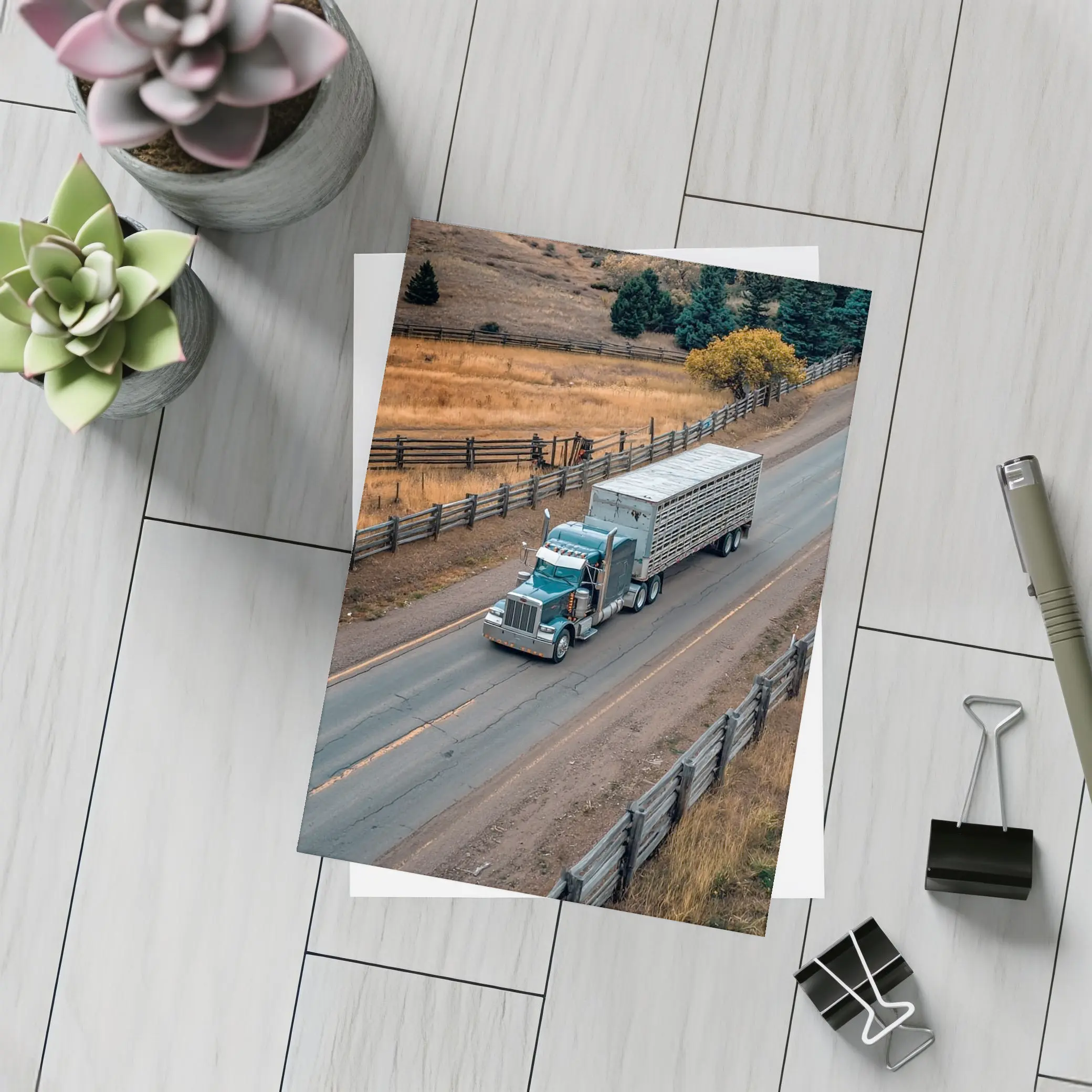 Classic Semi Truck Rolling Through Rural Highway – Postcards