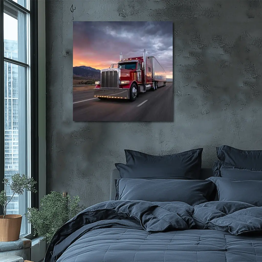 Red Peterbilt Semi Truck Stormy Sunset Highway – Wall Art